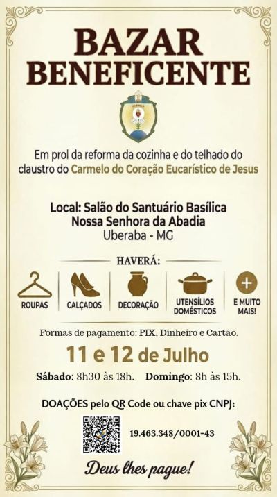 Bazar Beneficente arrecada recursos para obras no Carmelo do Coração Eucarístico de Jesus