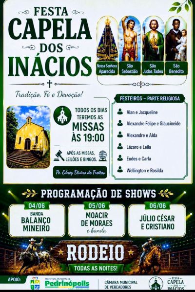 Capela dos Inácios celebra festa em honra aos seus padroeiros com programação religiosa e cultural em Pedrinópolis
