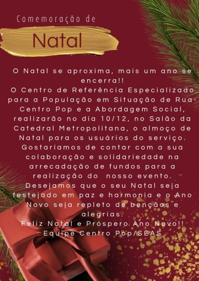 CENTRO POP PROMOVE ALMOÇO DE NATAL EM PARCERIA COM A CATEDRAL METROPOLITANA DE UBERABA E A PARÓQUIA DA RESSURREIÇÃO 