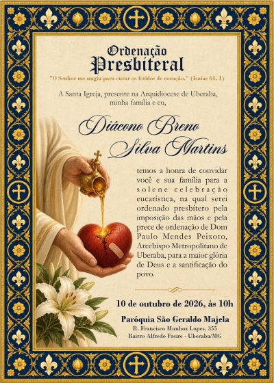 Diácono Breno Silva Martins será ordenado presbítero na Arquidiocese de Uberaba