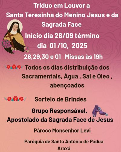 Em Araxá, Paróquia de Santo Antônio celebra Tríduo de Santa Teresinha